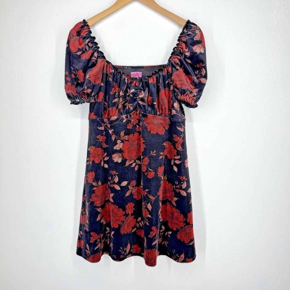 Mi Ami Dress‎ Velvet Milkmaid Mini Dress Womens Small Floral Balloon Puff Sleeve